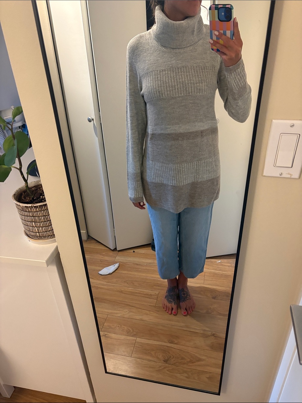 Striped Knit Turtleneck Sweater in Beige and Taupe